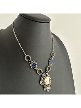 Shell Cameo Filigree Lavalier Necklace Blue Glass Silver Tone Italian Style